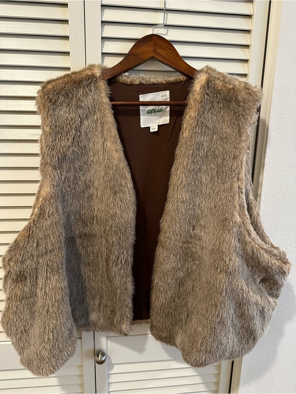 aerie Faux Fur Vest in Taupe Brown